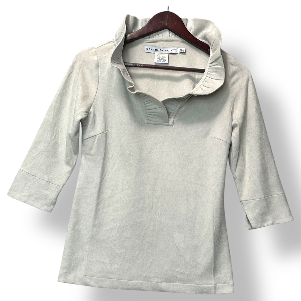 Gretchen Scott Women Ruffle Neck Tunic Top L Light Grey Chic Minimalist Capsule - Picture 2 of 7